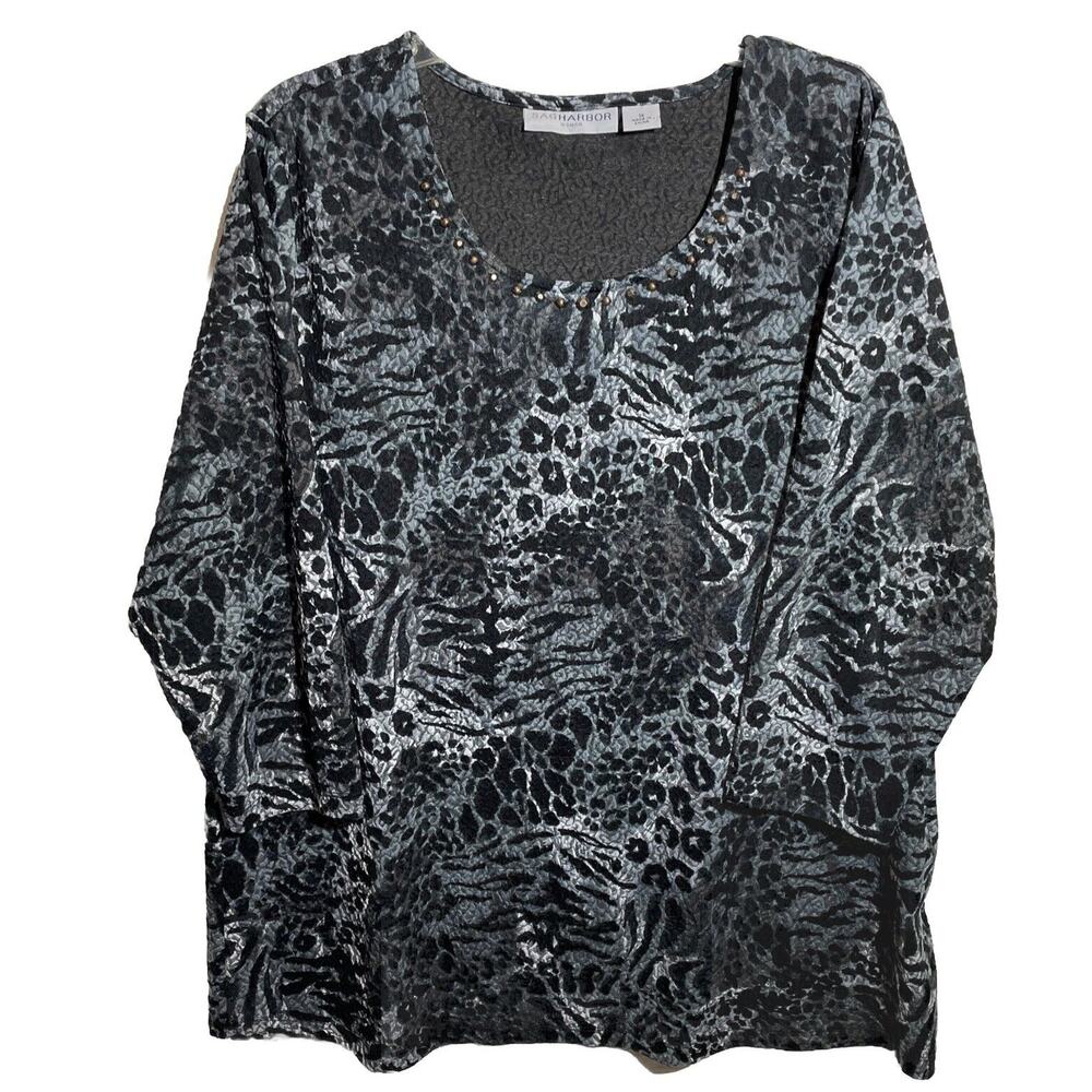 Sag Harbor Womens 1X Pullover Stretch Black Animal Print Scoop Neck 3/4 Sleeve